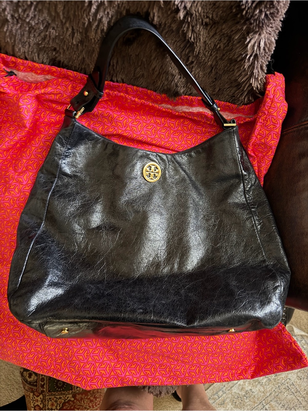 Tory Burch Black Leather Shoulder Hobo with Gold-Tone Logo Medallion